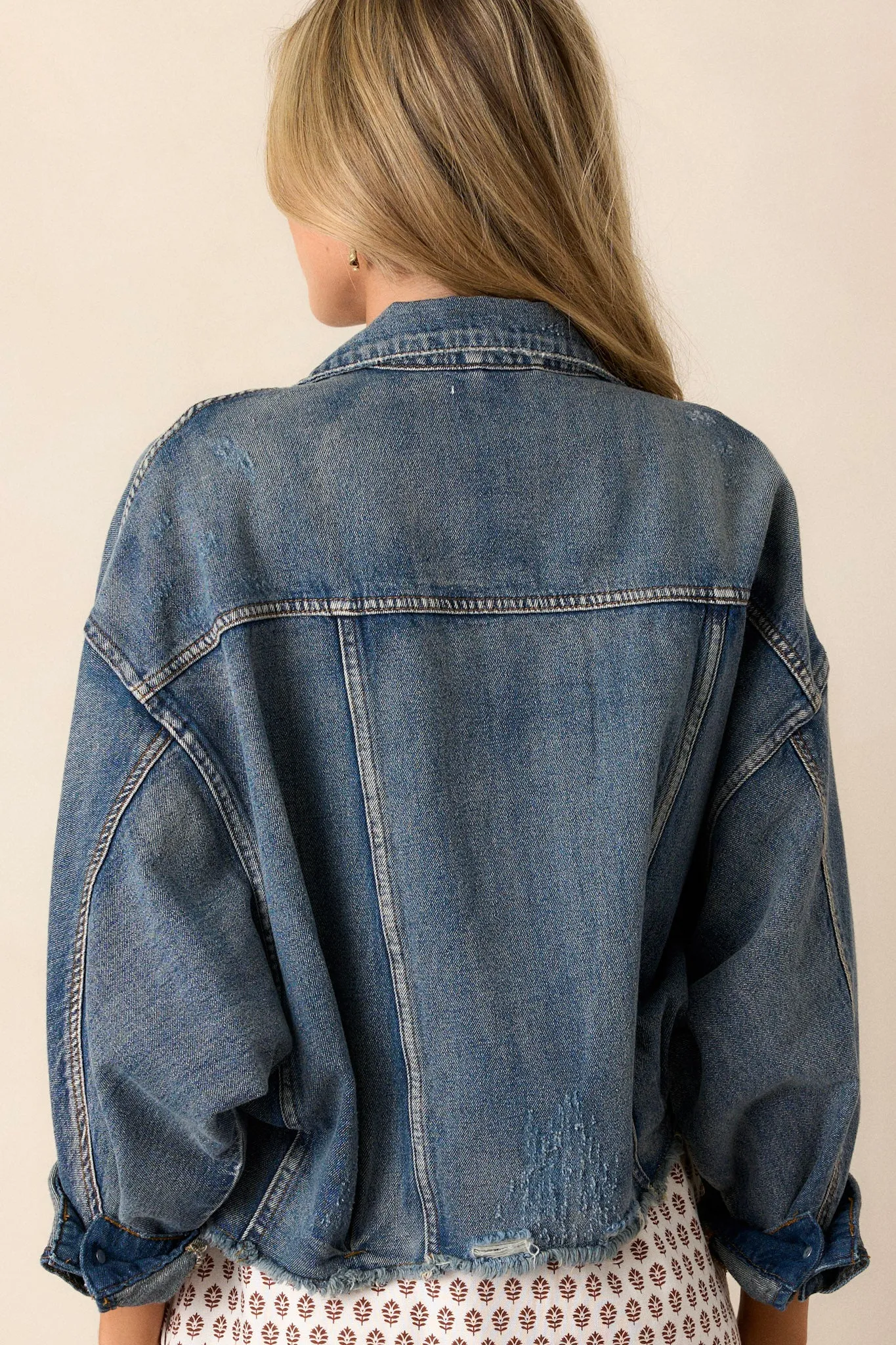 All The Buzz Distressed Dark Wash Denim Jacket