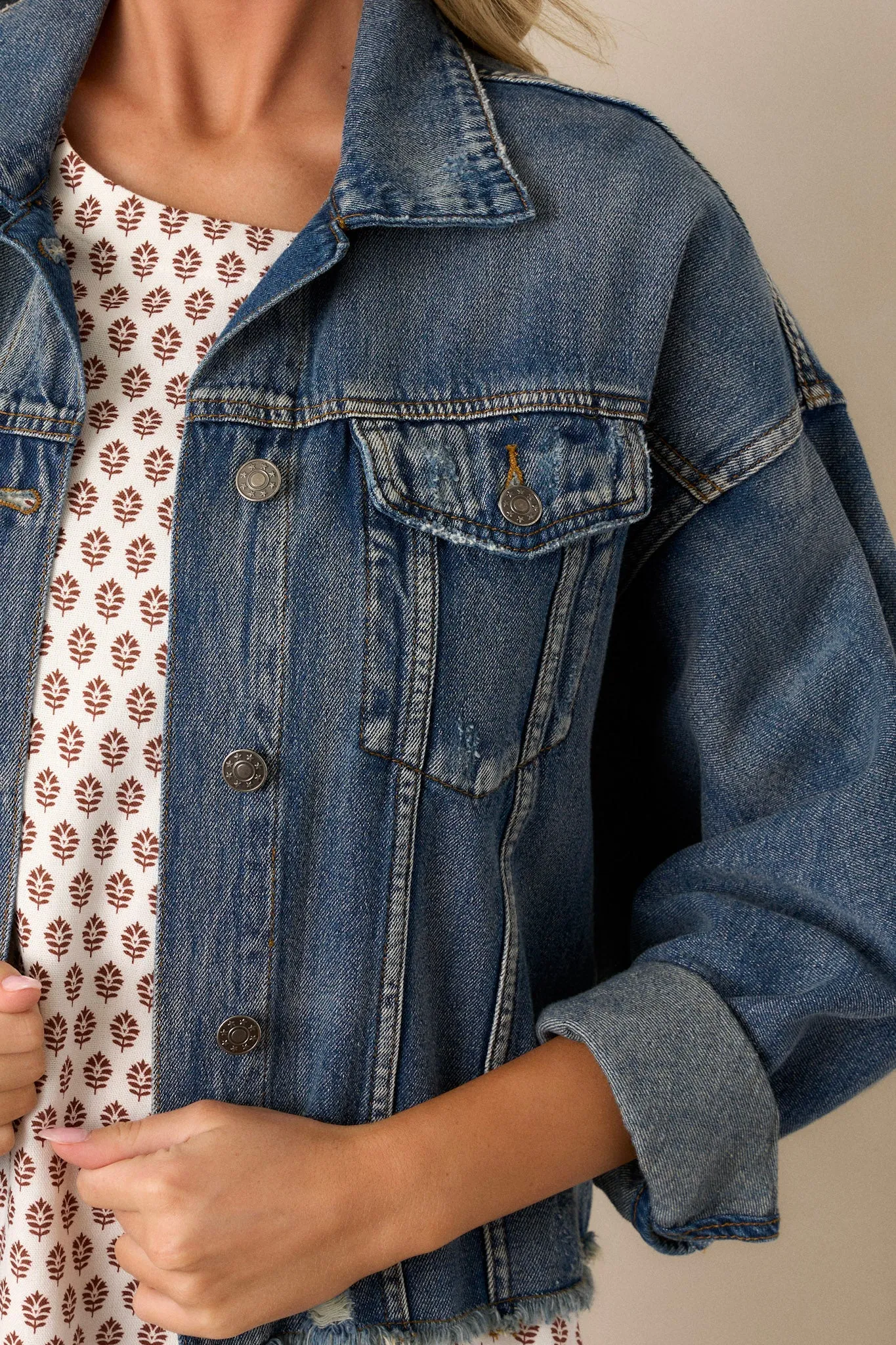 All The Buzz Distressed Dark Wash Denim Jacket