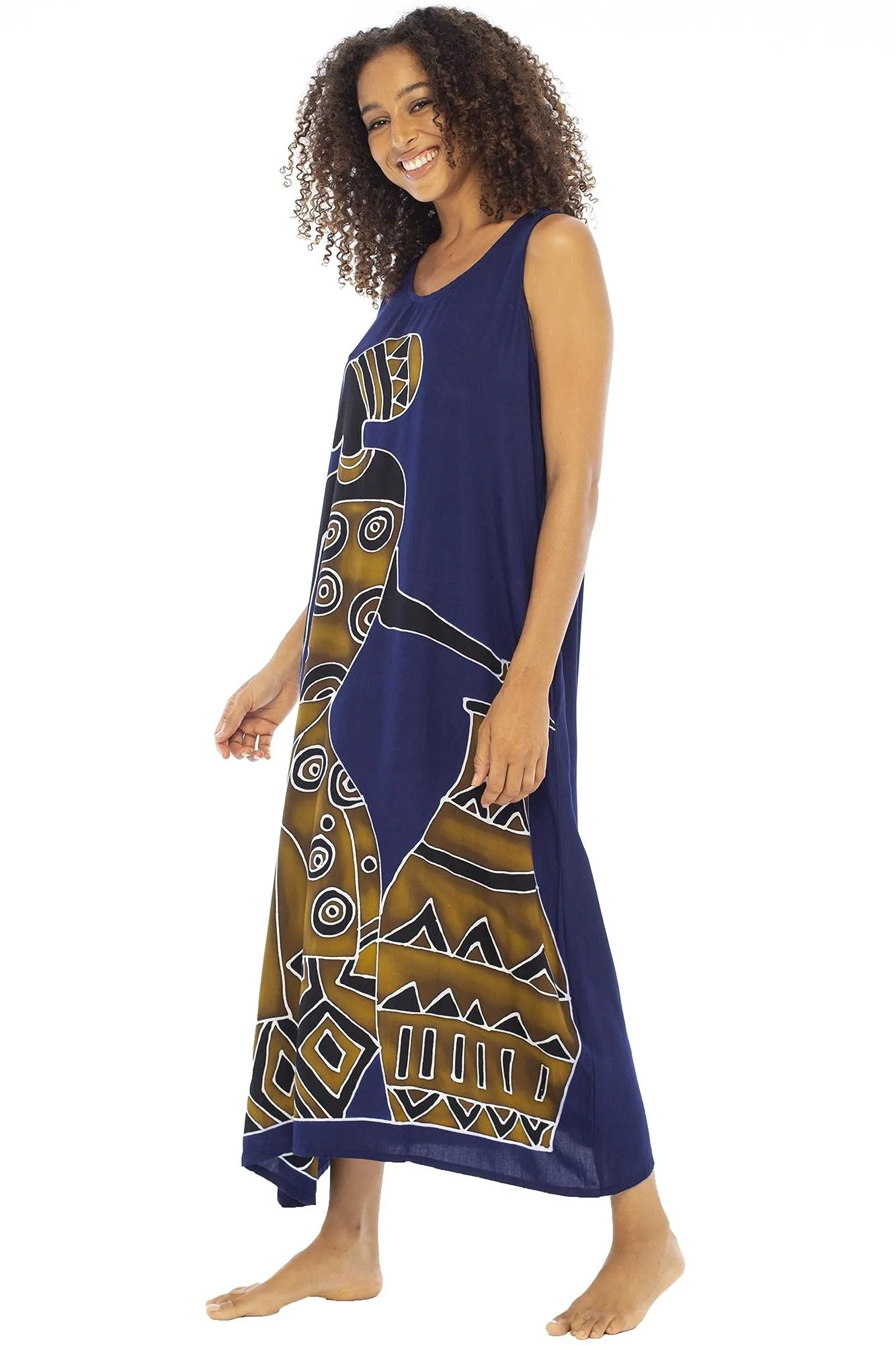 Back From Bali Womens Long African Print Maxi Dress Swimsuit Cover Up Loose Sleeveless Beach Kaftan with Pockets Rayon
