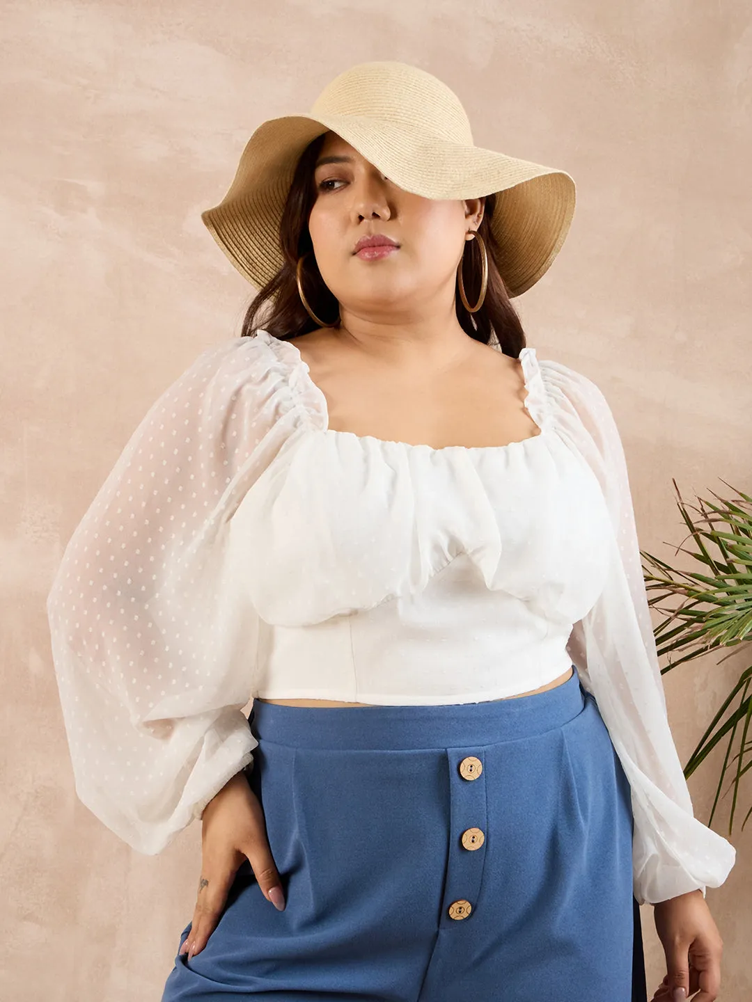 Berrylush Curve Women Solid White Dobby Weave Sweetheart Neck Puff Sleeves Smocked Crop Top
