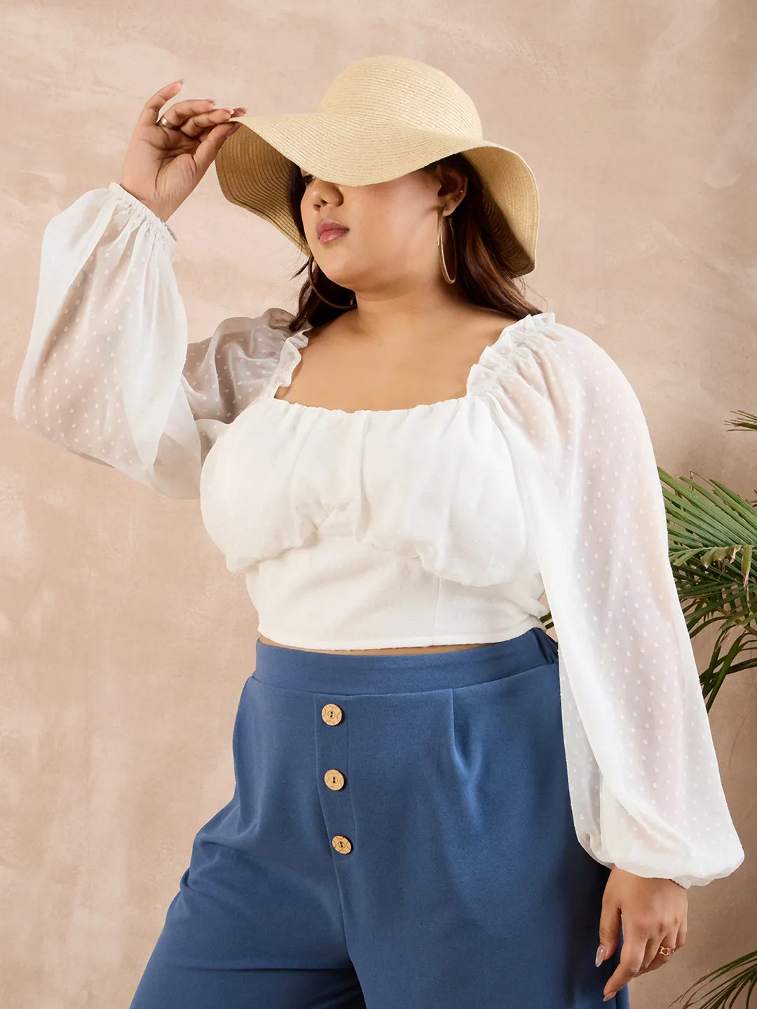 Berrylush Curve Women Solid White Dobby Weave Sweetheart Neck Puff Sleeves Smocked Crop Top