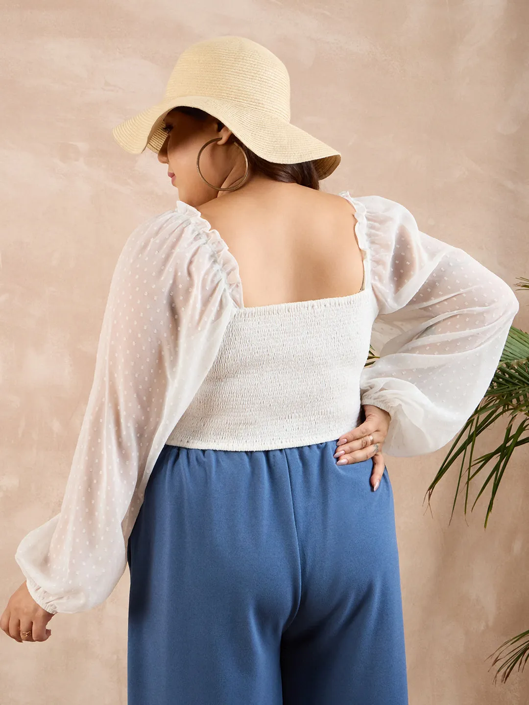 Berrylush Curve Women Solid White Dobby Weave Sweetheart Neck Puff Sleeves Smocked Crop Top