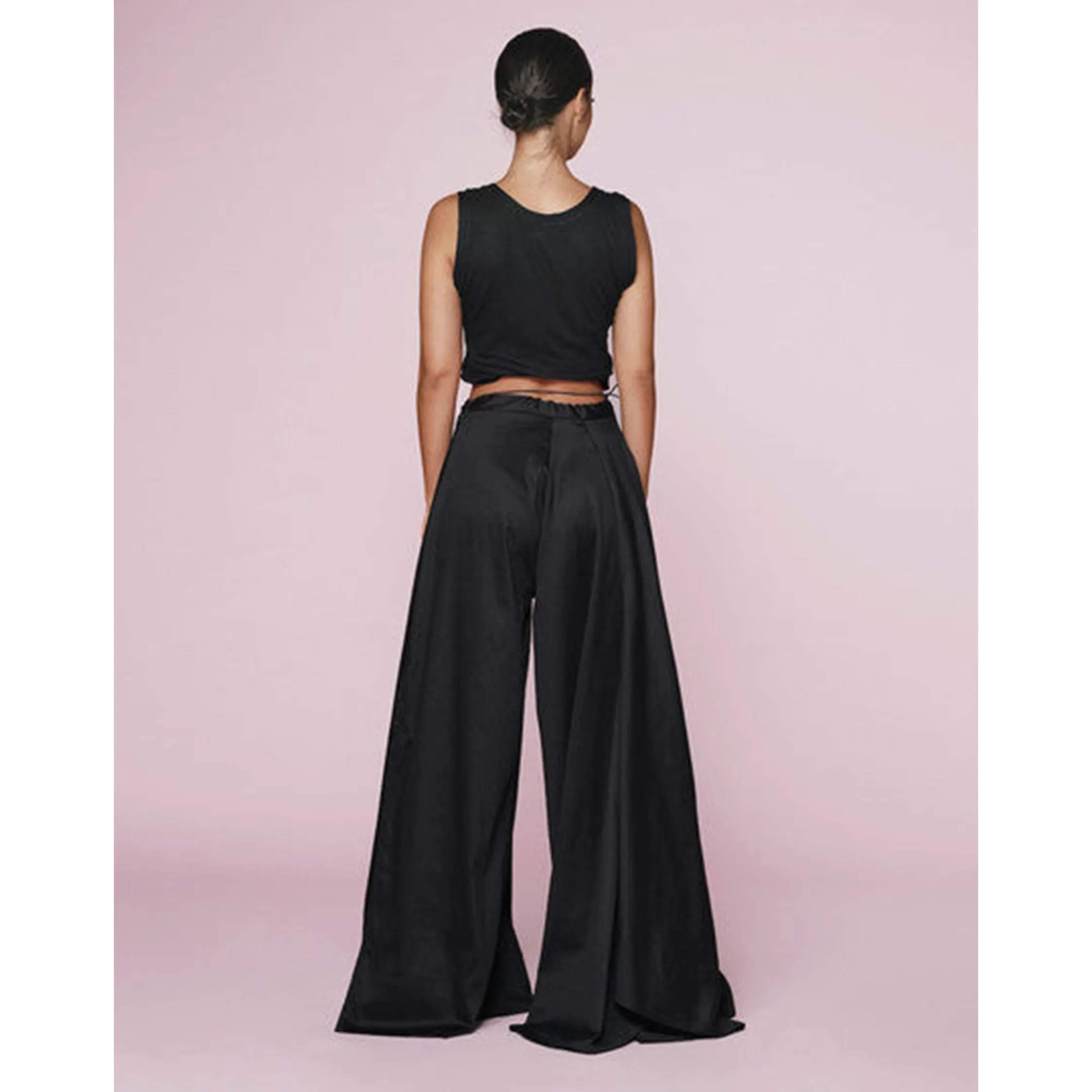 Black Cotton Wide Leg Overlay Pants