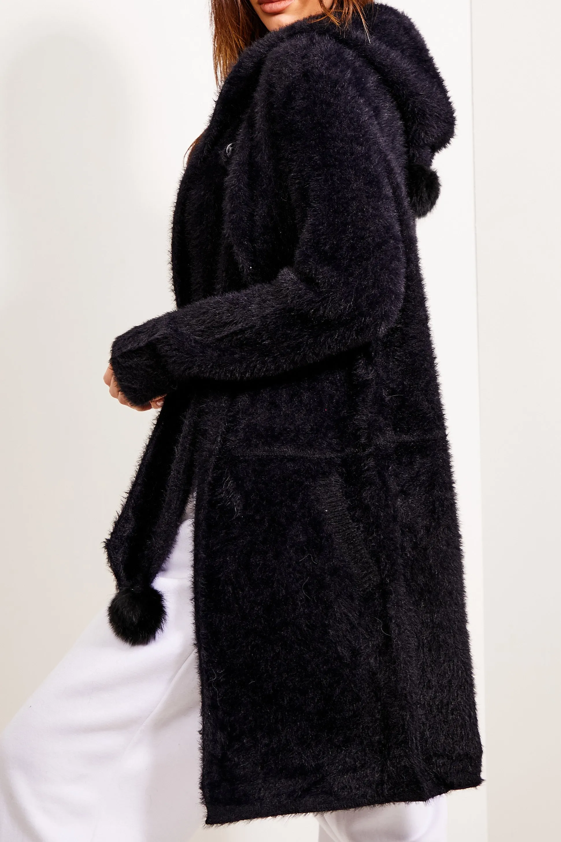 Black Faux Fur Knitted Pom Pom Hooded Cardigan