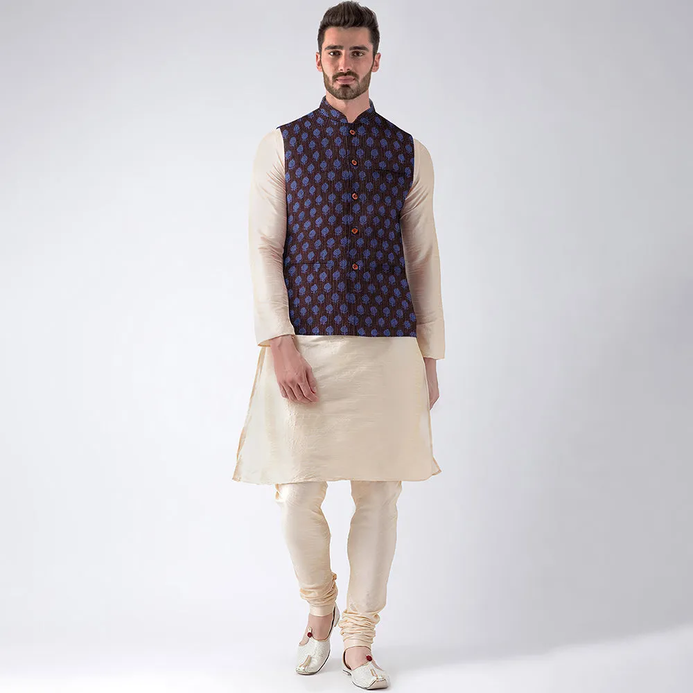 Blue - Men Nehru Jacket in Bagh Block Printing