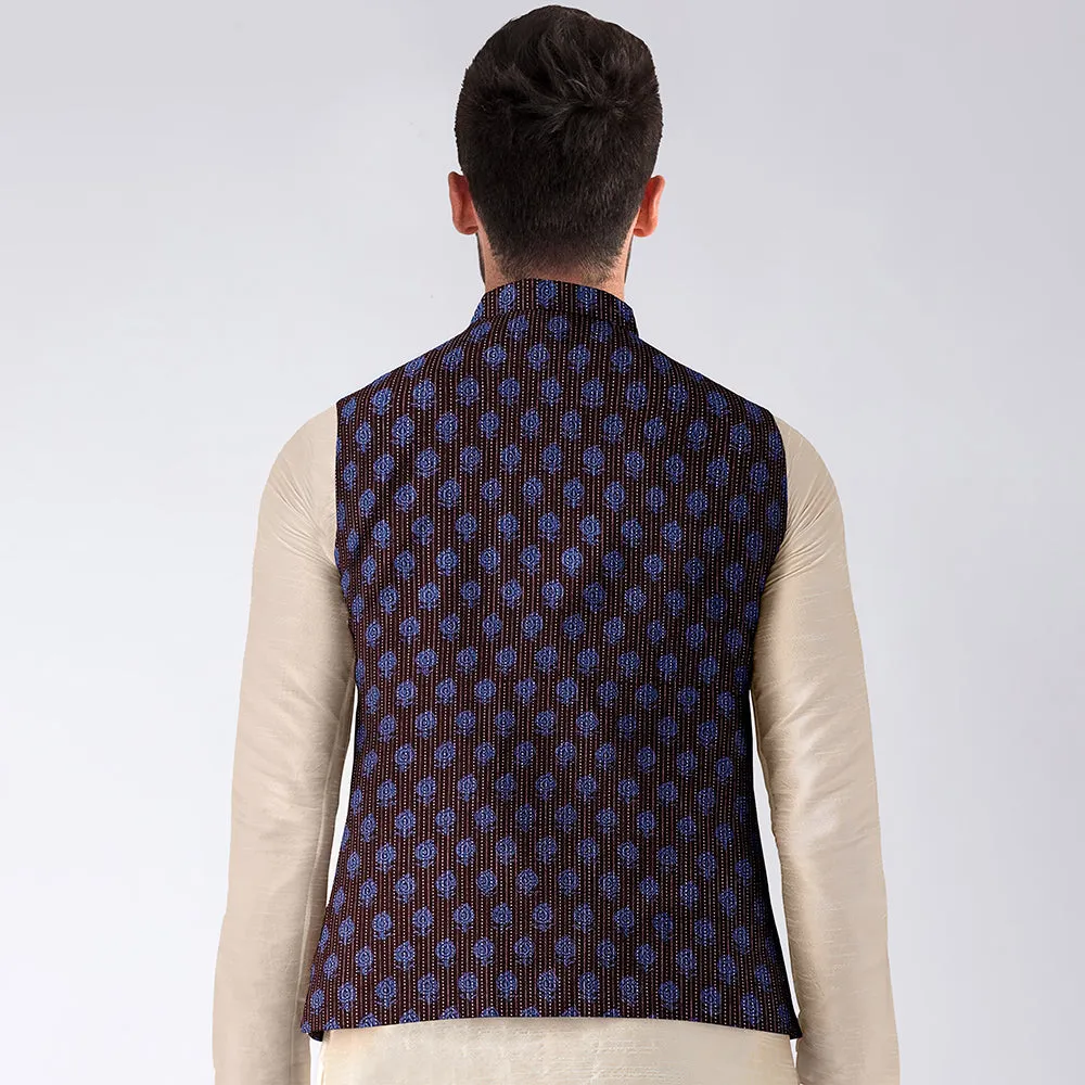 Blue - Men Nehru Jacket in Bagh Block Printing