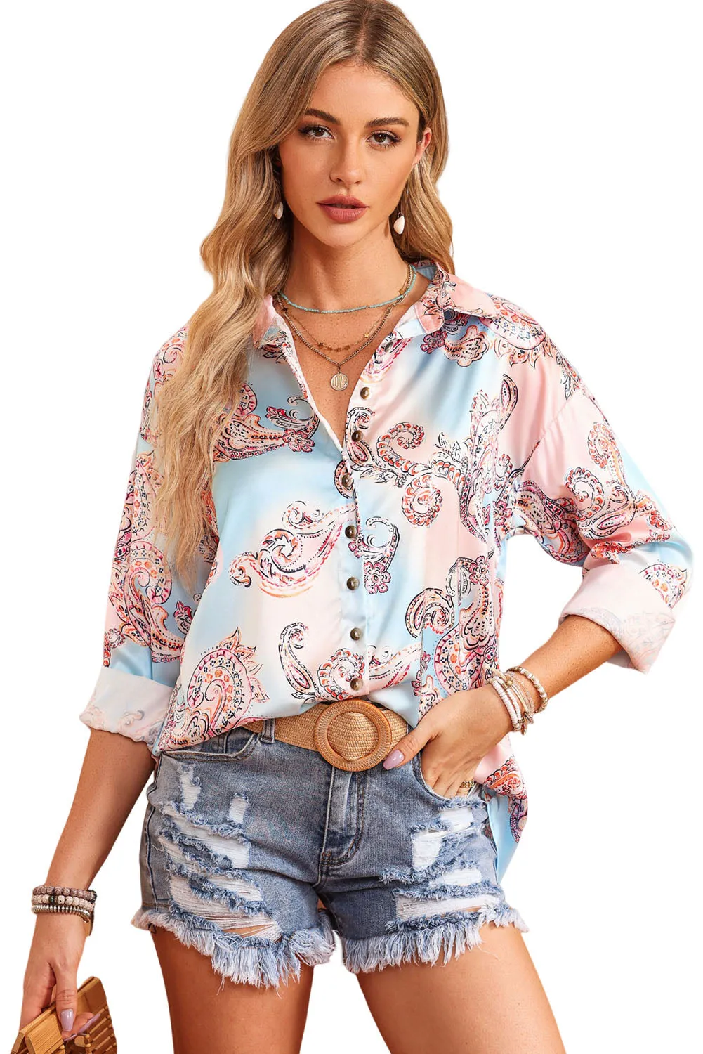 Boho Print Lantern Sleeve Shirt