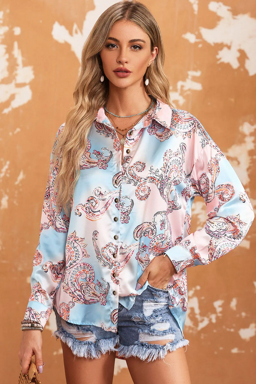 Boho Print Lantern Sleeve Shirt