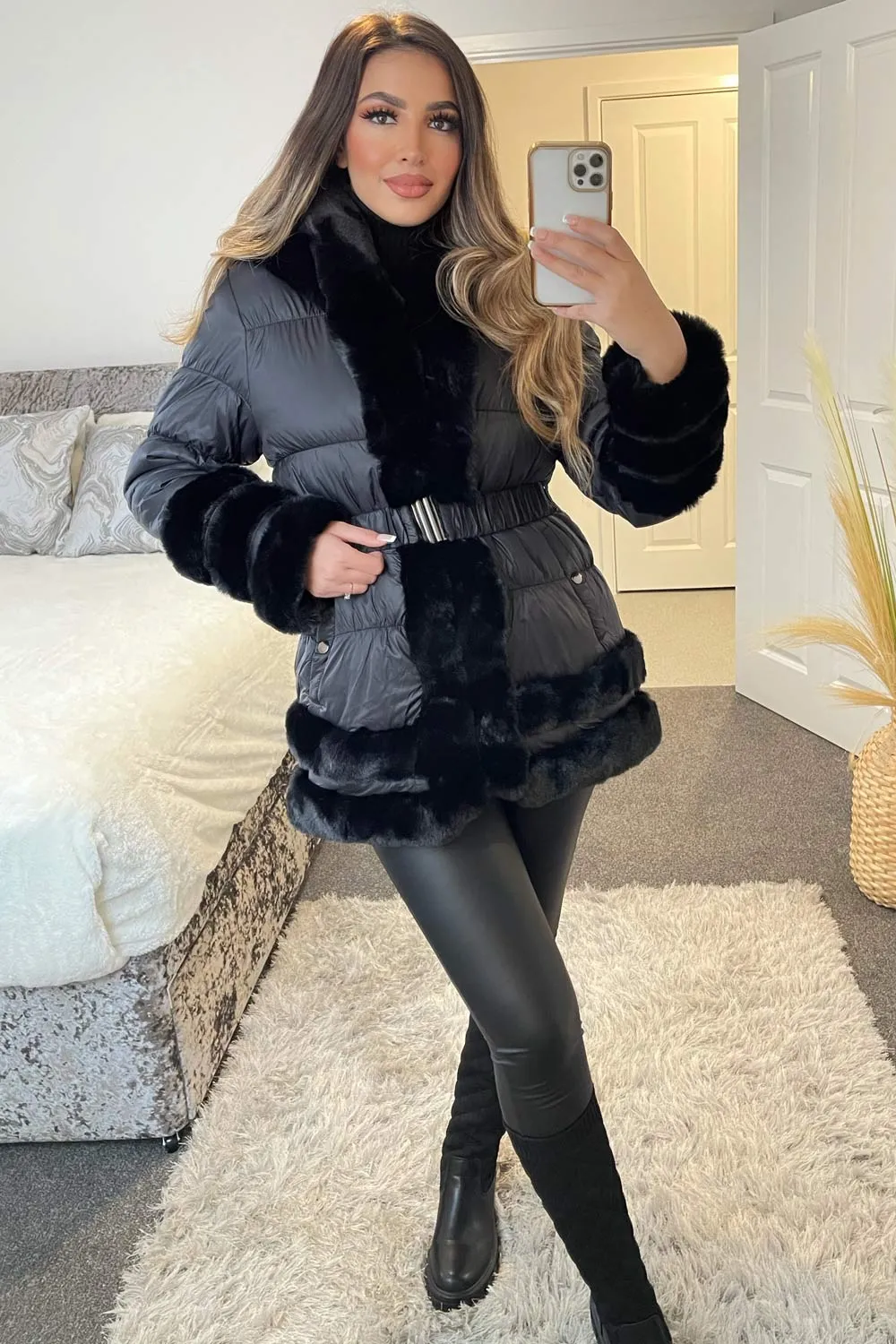 Britney Black Padded Faux Fur Tiered Trim Belted Coat