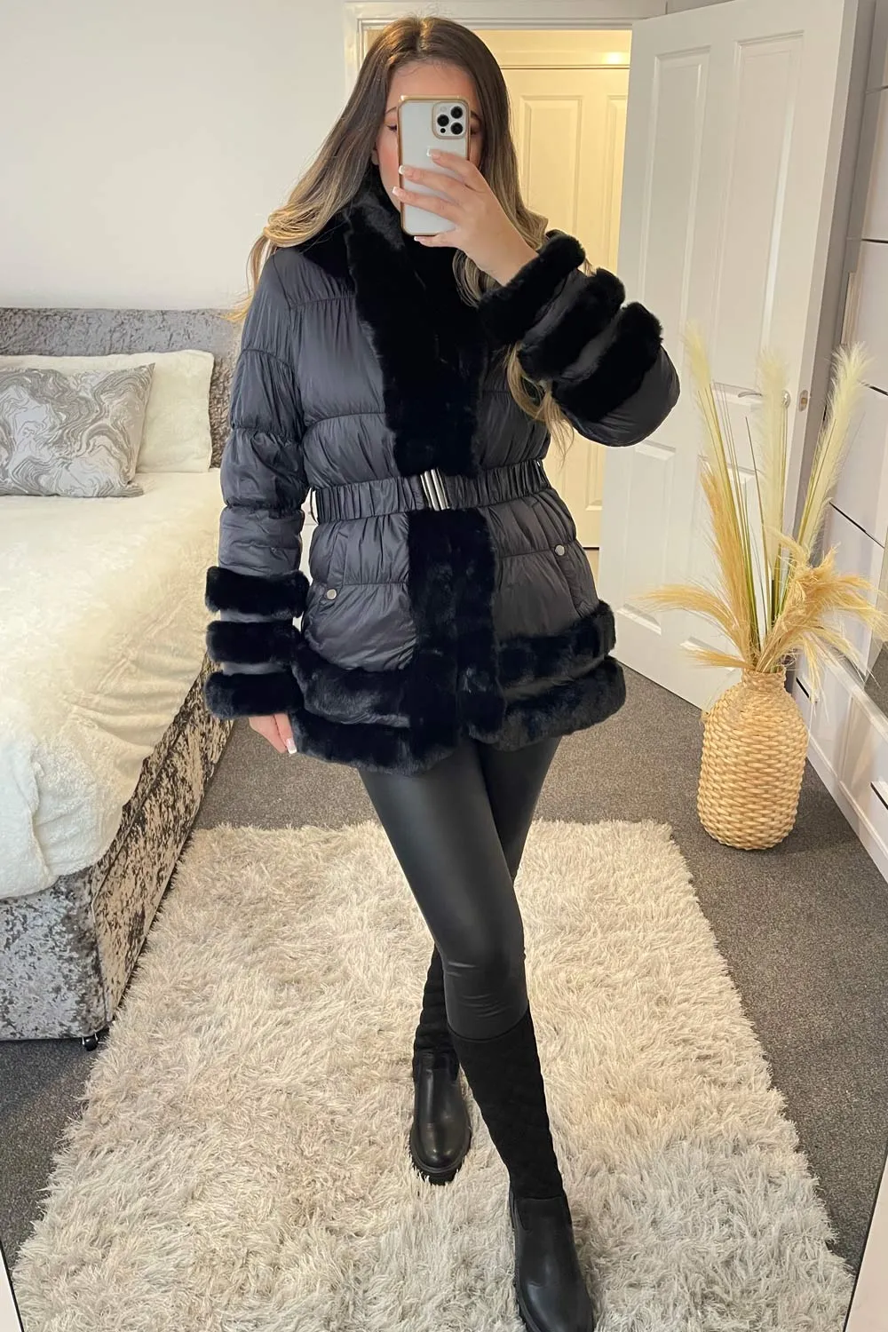 Britney Black Padded Faux Fur Tiered Trim Belted Coat