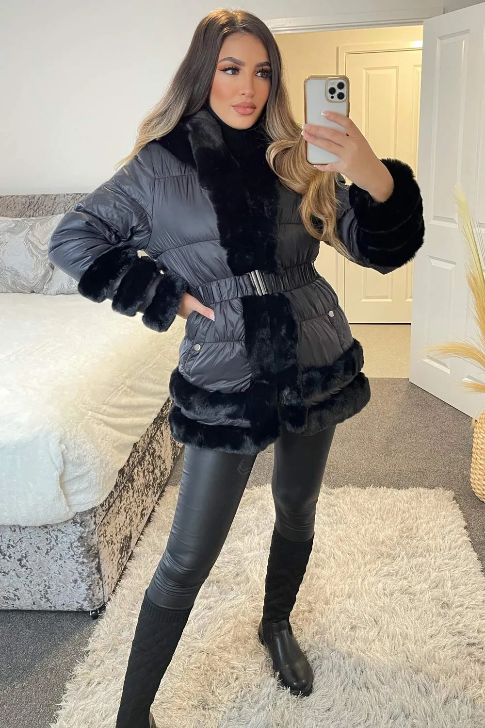 Britney Black Padded Faux Fur Tiered Trim Belted Coat