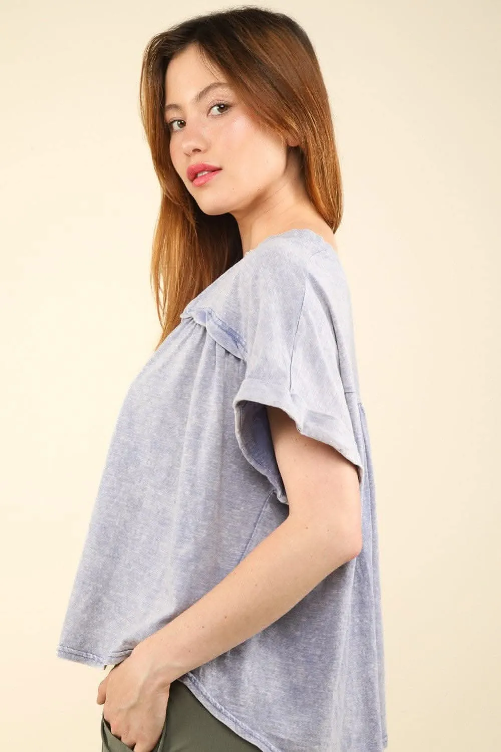 Chic and casual notched short sleeve washed tee