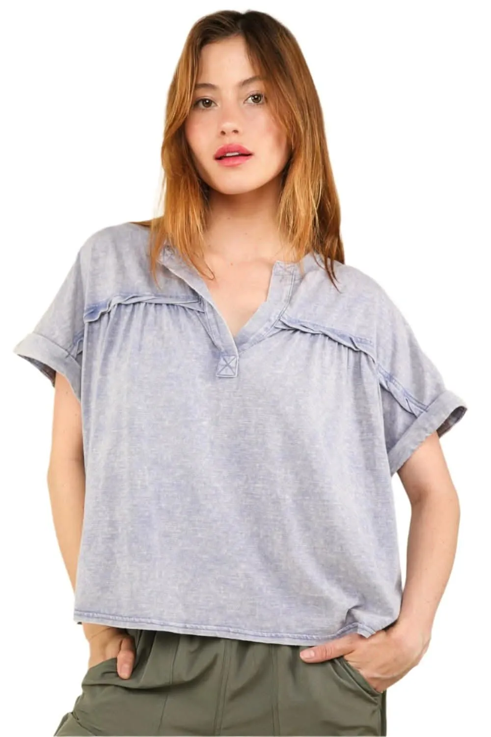 Chic and casual notched short sleeve washed tee