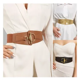 Classic Lock Buckle Wide Belts Trendy Solid Color Embossed Elastic PU Waistband Vintage Dress Coat Girdle For Women Girls