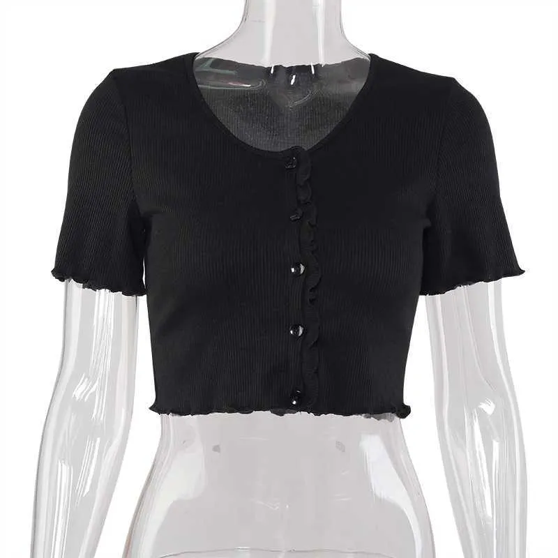 Classic Ribbed Scalloped Ruffle Sleeve Button Down Summer Ts Top