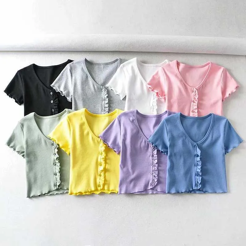 Classic Ribbed Scalloped Ruffle Sleeve Button Down Summer Ts Top