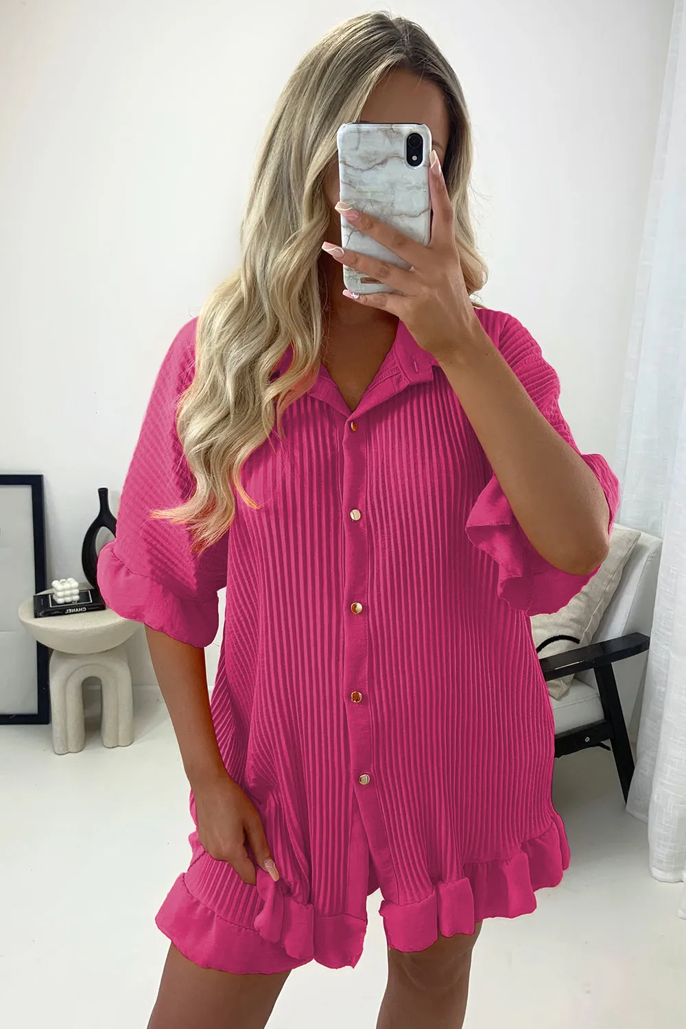 Colette Pink Plisse Pleated Frill Hem Shirt and Shorts Co-Ord Set