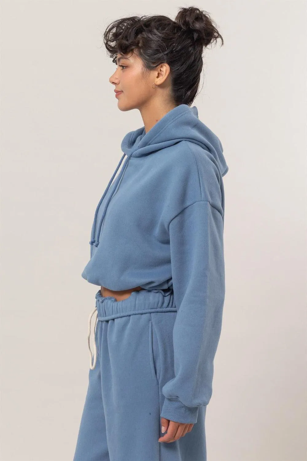 Cropped Hoodie Gray Blue US HYFVE Bubble Hem Long Sleeve