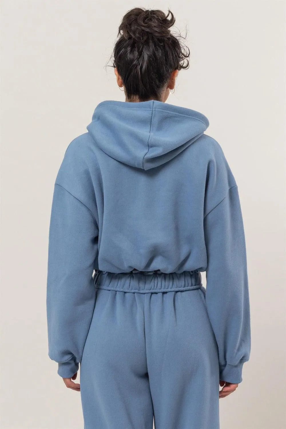 Cropped Hoodie Gray Blue US HYFVE Bubble Hem Long Sleeve