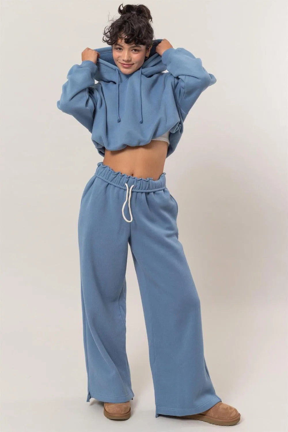 Cropped Hoodie Gray Blue US HYFVE Bubble Hem Long Sleeve
