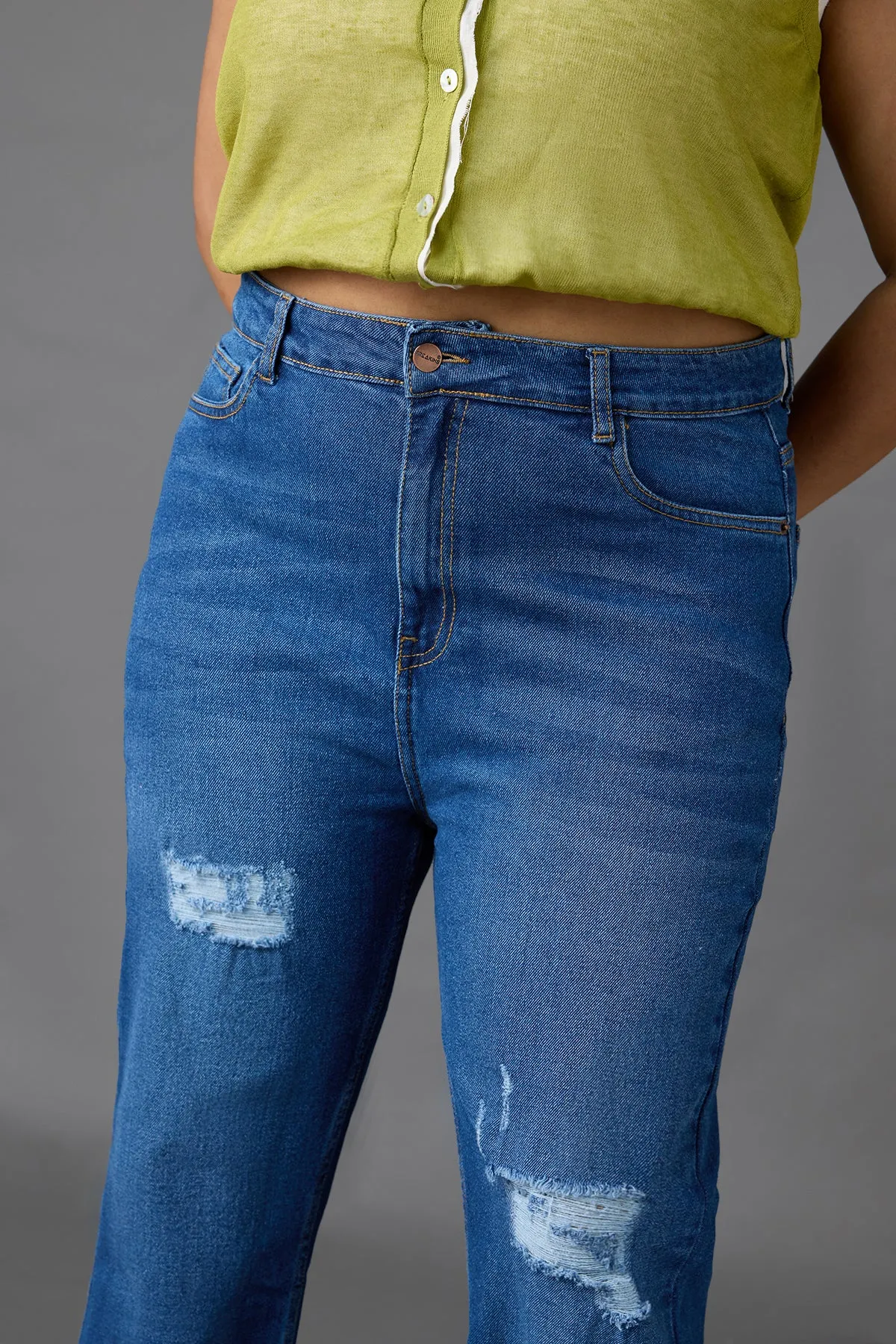 Curve Mid Blue Distress Bootcut Jeans