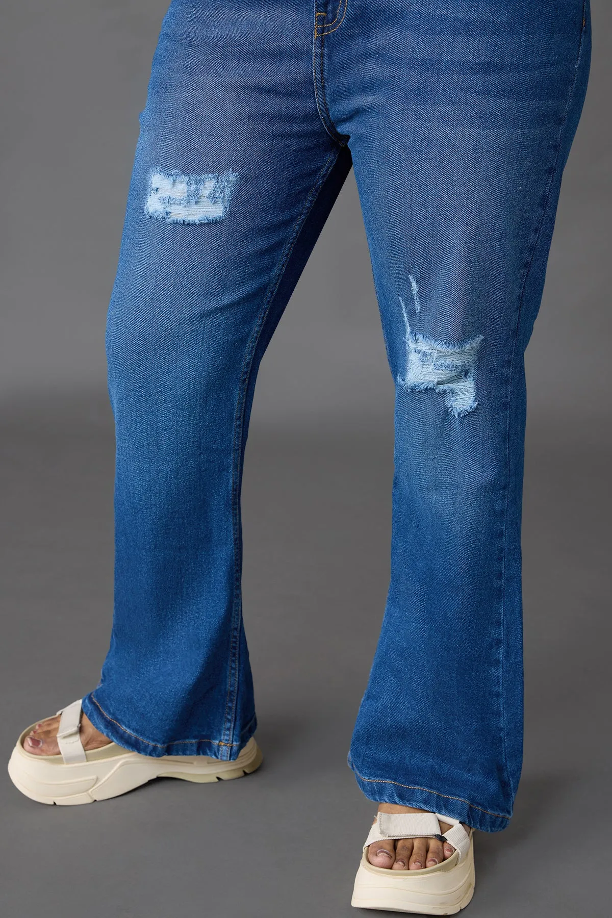 Curve Mid Blue Distress Bootcut Jeans
