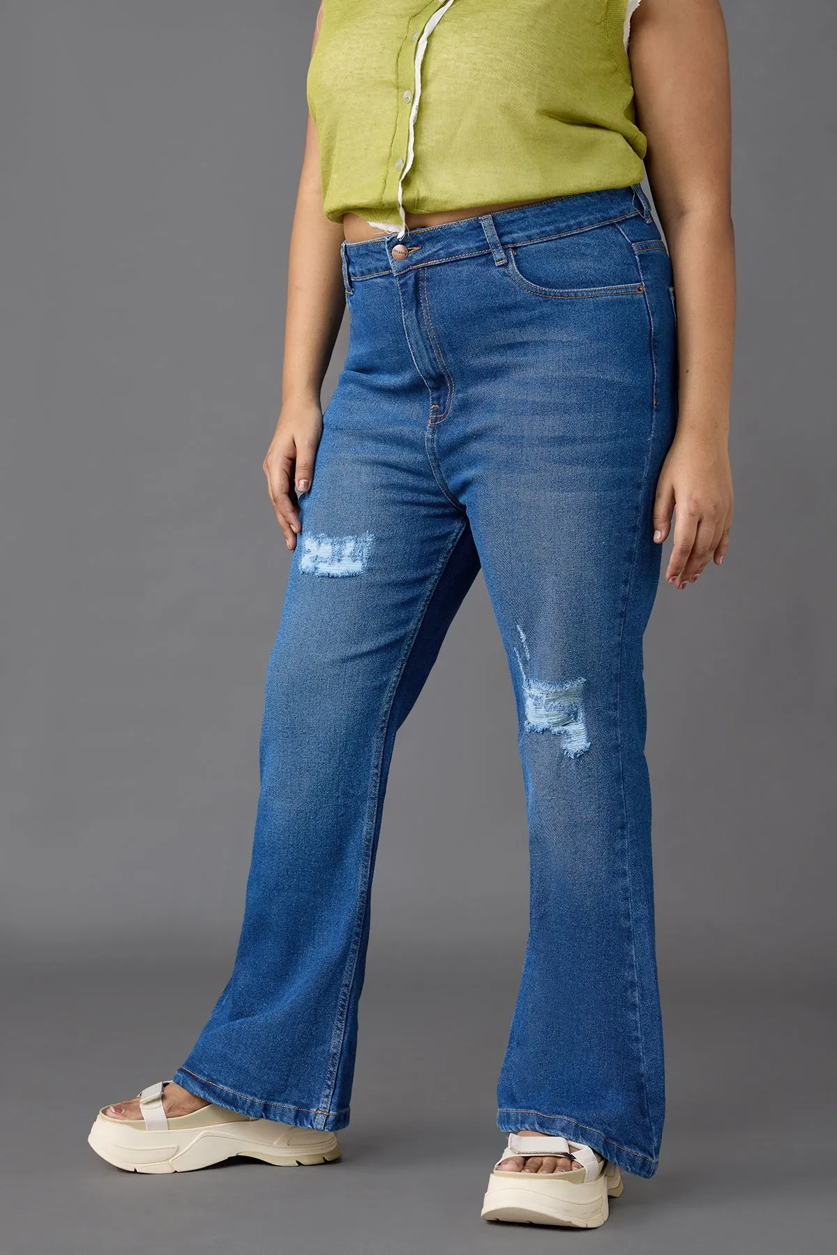Curve Mid Blue Distress Bootcut Jeans