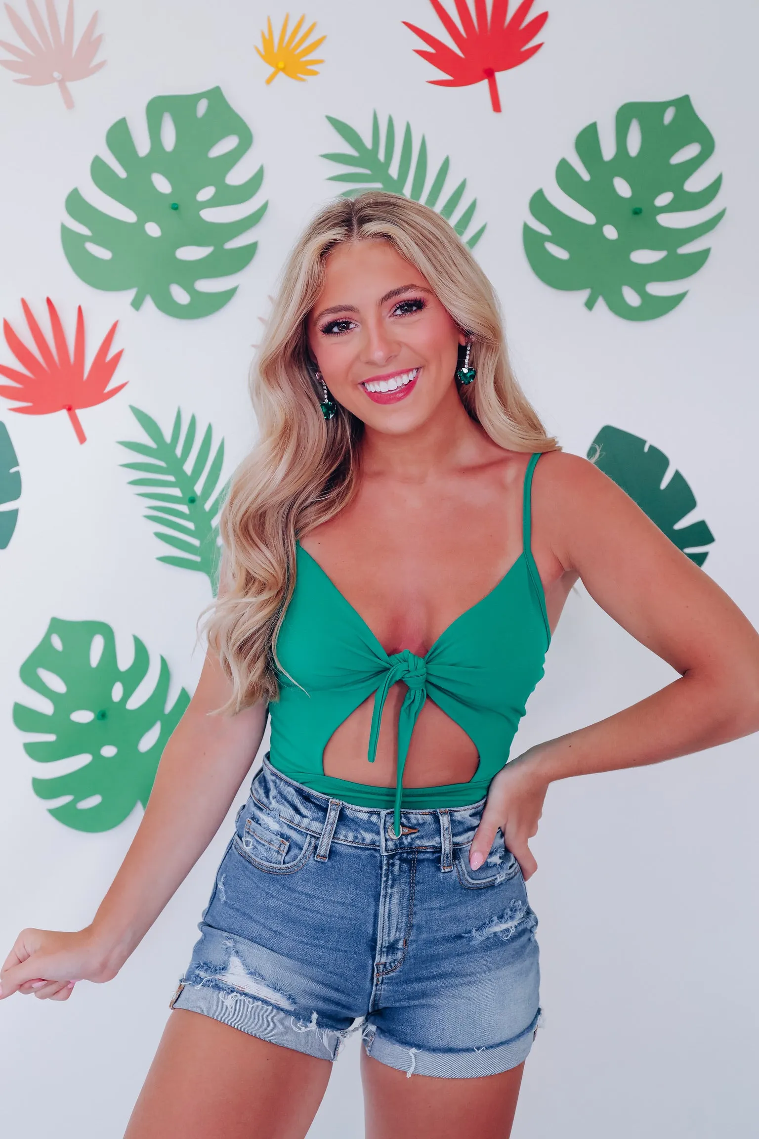 Cut It Out Front Tie Bodysuit - Green