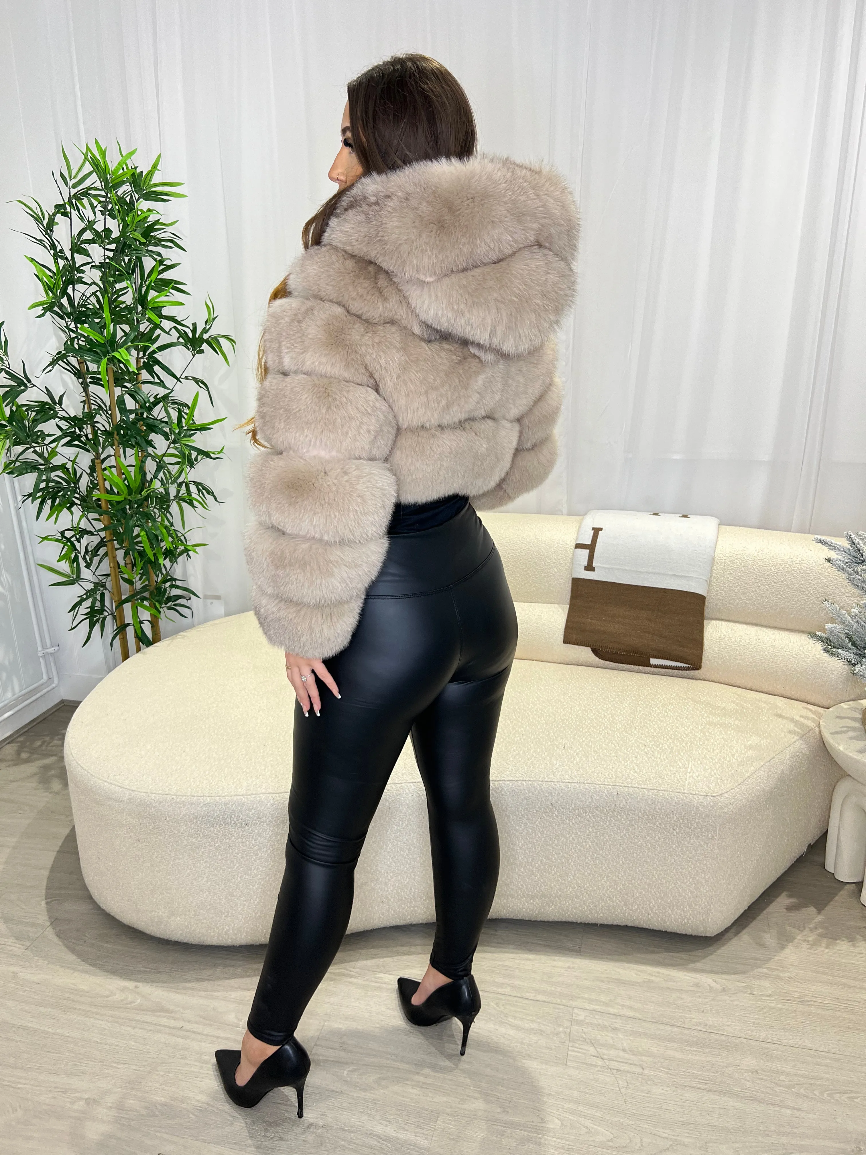 Dark Beige Luxury Fur Hooded Jacket