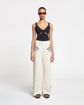 Emmie - Embroidered Textured-Linen Pants - Natural/Black