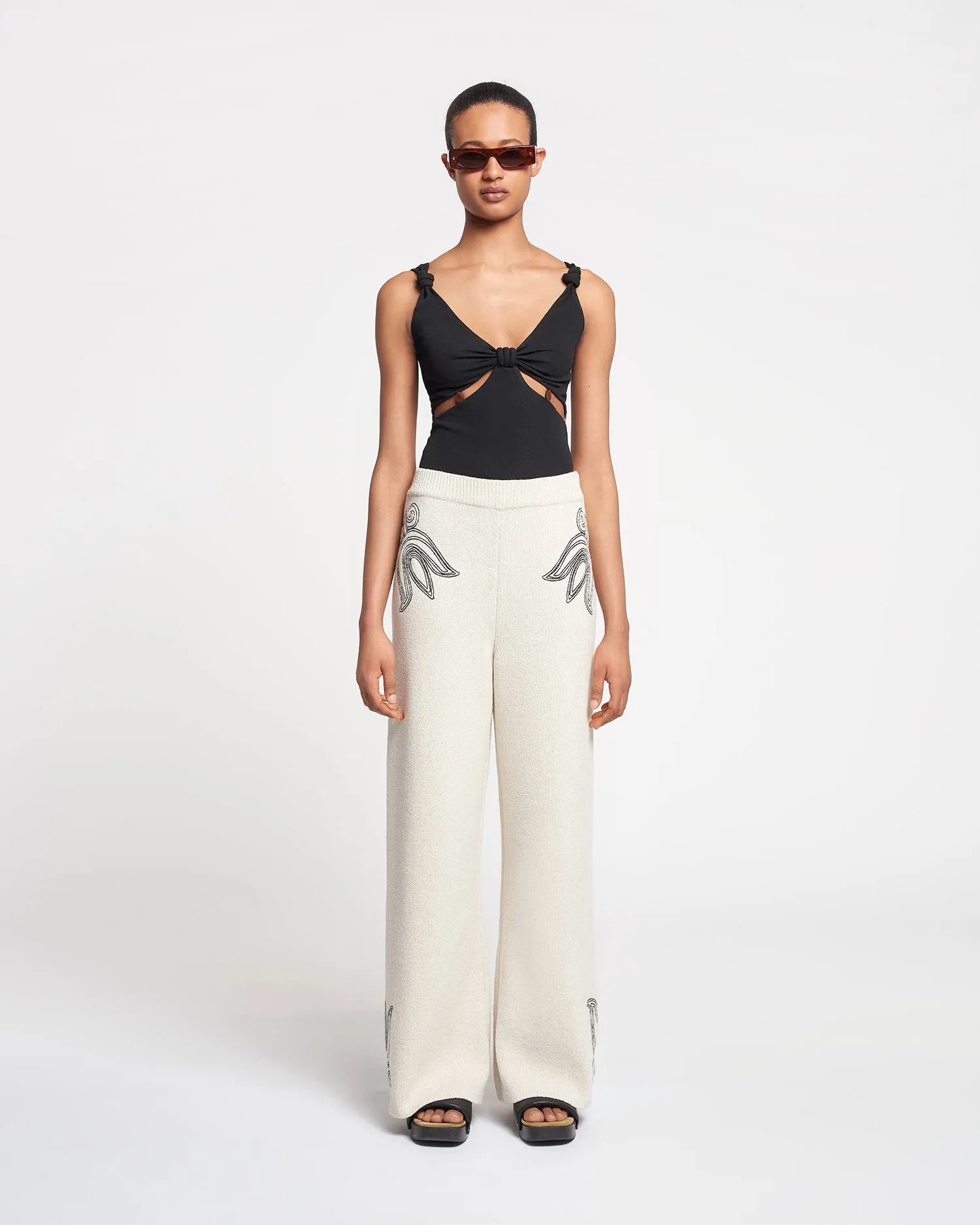 Emmie - Embroidered Textured-Linen Pants - Natural/Black