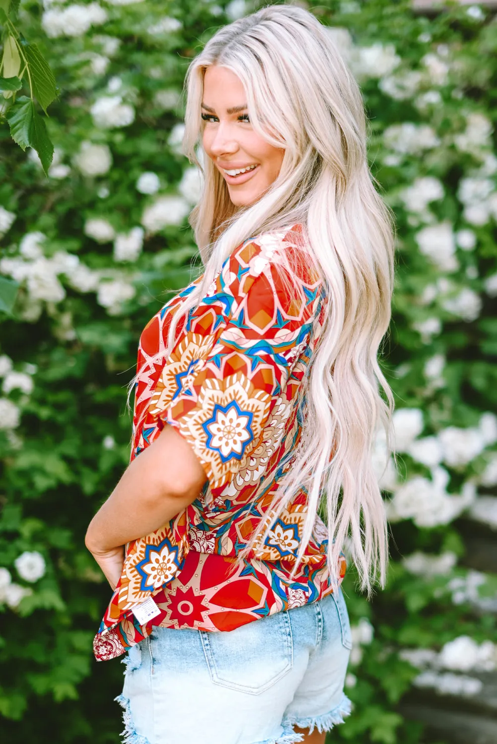 Floral Batwing Sleeve V Neck Blouse