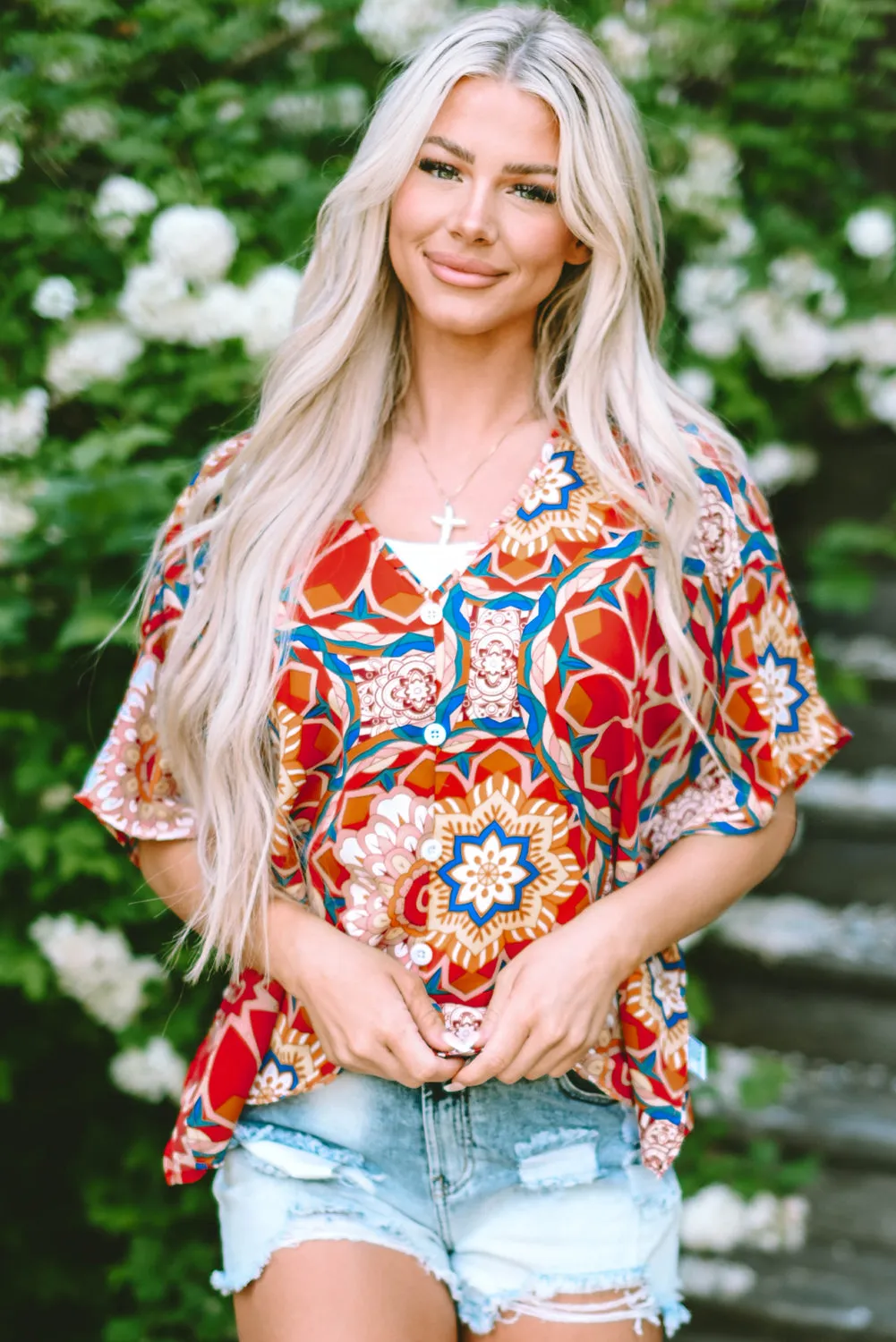 Floral Batwing Sleeve V Neck Blouse