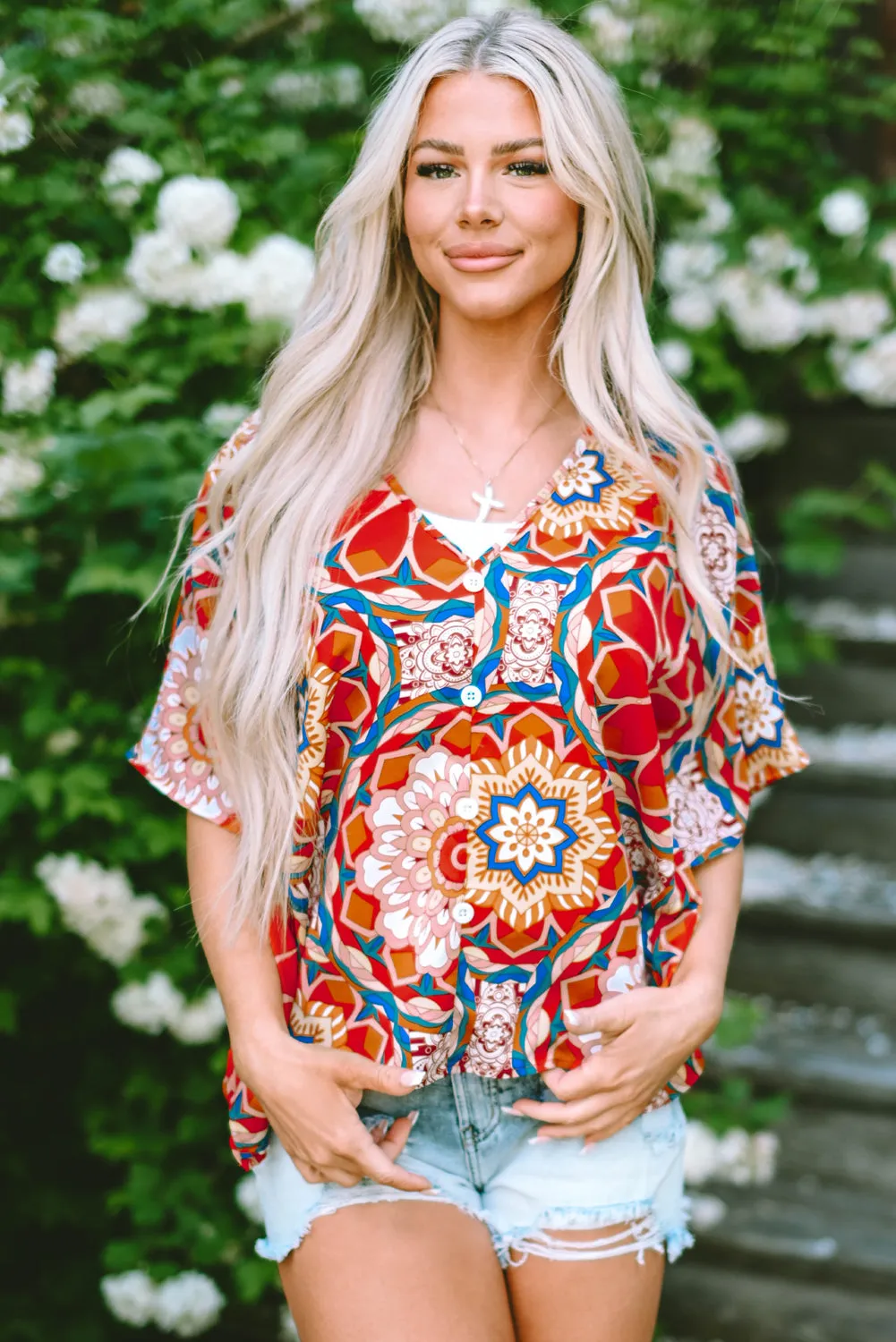 Floral Batwing Sleeve V Neck Blouse