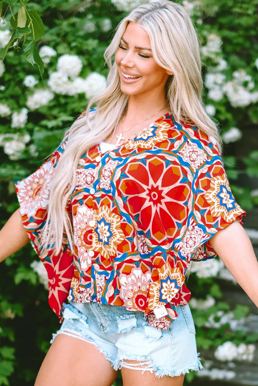 Floral Batwing Sleeve V Neck Blouse