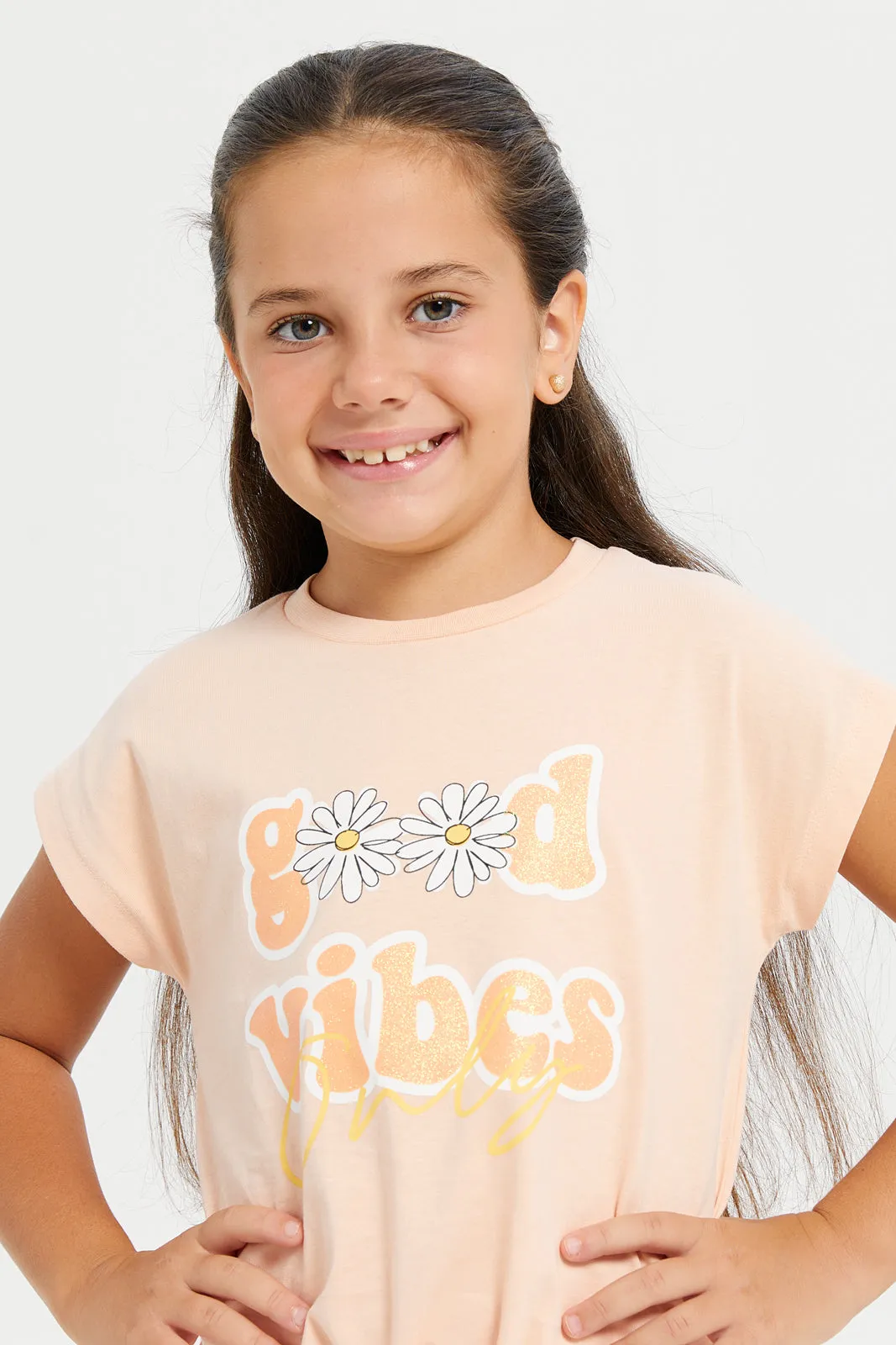 Girls Orange Good Vibes Print T-Shirt