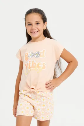Girls Orange Good Vibes Print T-Shirt