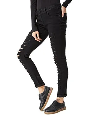 Glostory Women Skinny Ripped Jeans Distressed Five Pocket Stretch Denim PantsWNK-2105(S, Black 2105)