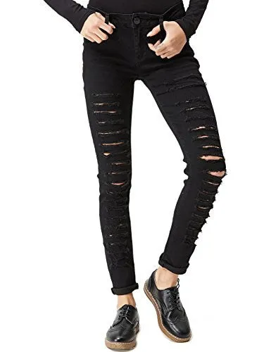 Glostory Women Skinny Ripped Jeans Distressed Five Pocket Stretch Denim PantsWNK-2105(S, Black 2105)