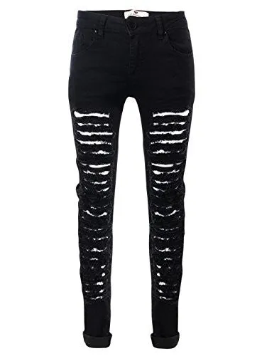 Glostory Women Skinny Ripped Jeans Distressed Five Pocket Stretch Denim PantsWNK-2105(S, Black 2105)