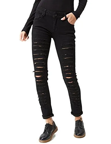 Glostory Women Skinny Ripped Jeans Distressed Five Pocket Stretch Denim PantsWNK-2105(S, Black 2105)