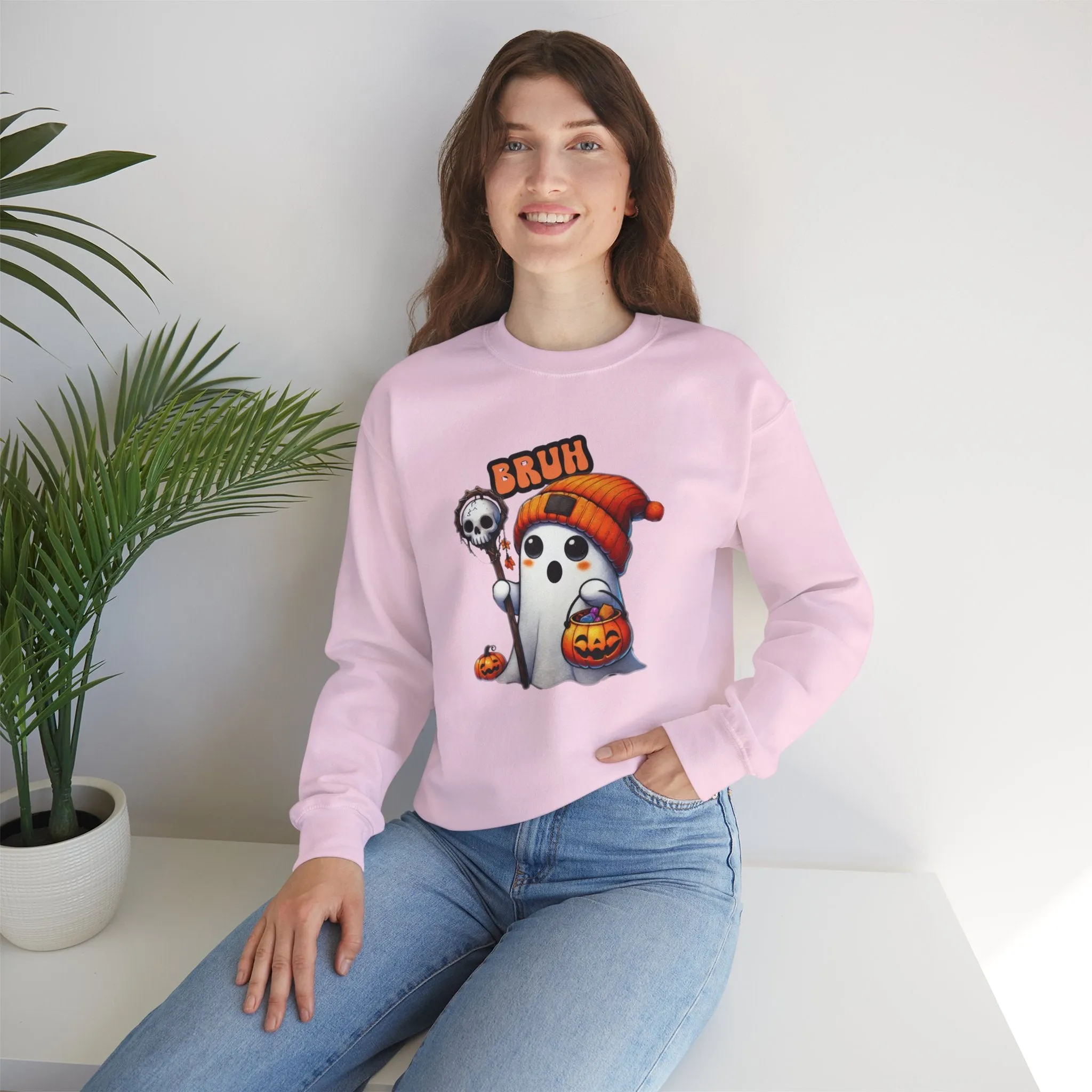 Halloween| Cute Halloween Sweatshirt with 'Bruh' Ghost in Orange Beanie  Perfect for a Playful Fall Look!
