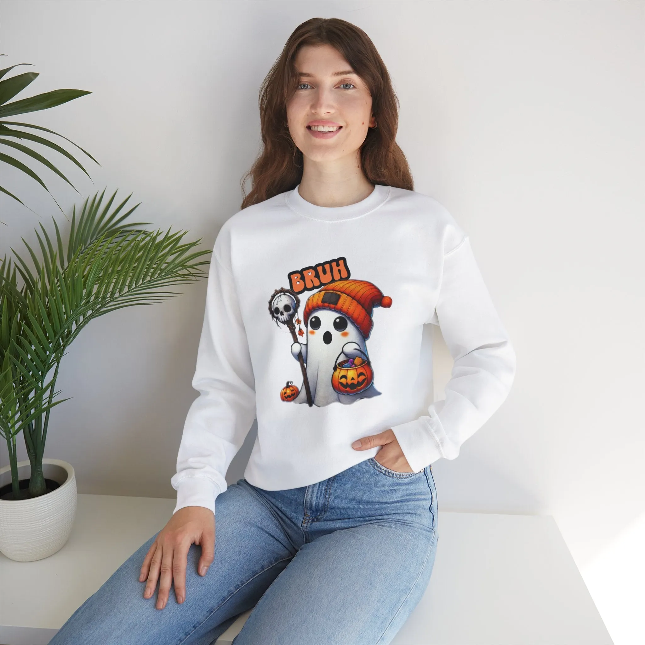 Halloween| Cute Halloween Sweatshirt with 'Bruh' Ghost in Orange Beanie  Perfect for a Playful Fall Look!