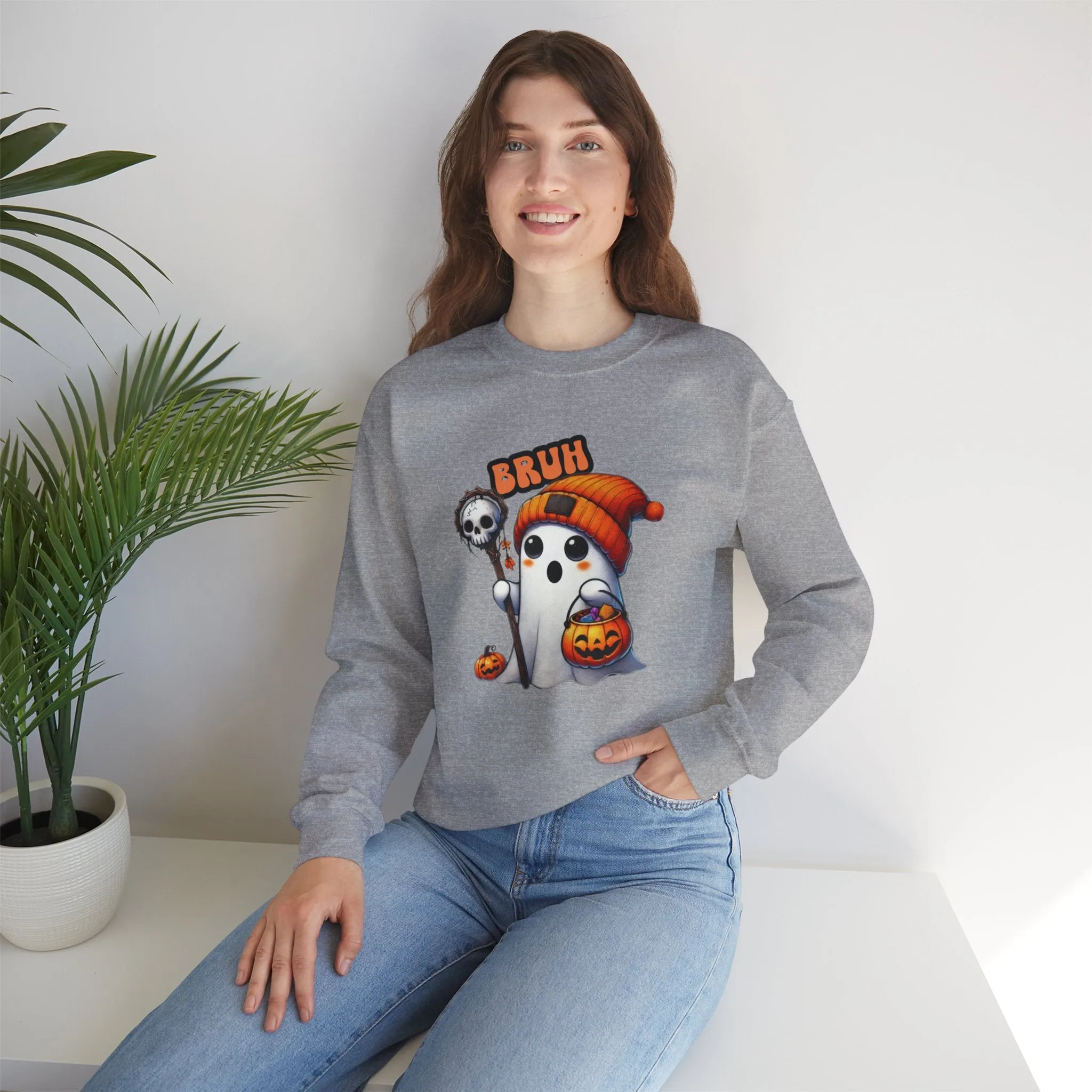Halloween| Cute Halloween Sweatshirt with 'Bruh' Ghost in Orange Beanie  Perfect for a Playful Fall Look!