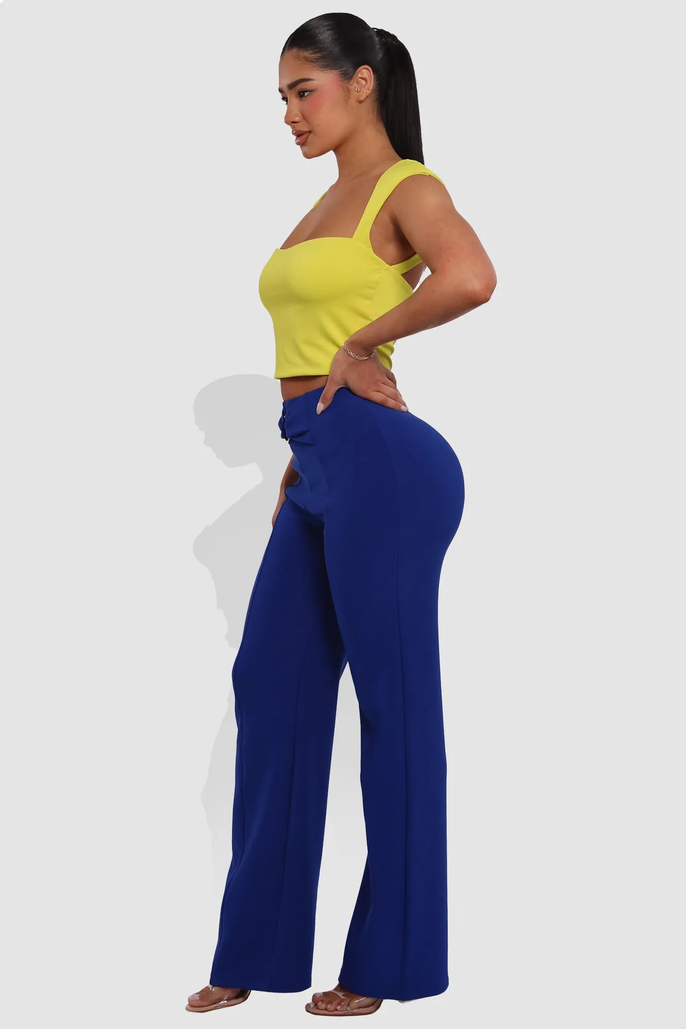 High Waist Straight Leg Pants With O-Ring Buckle Waist Detail - Surf The Web Blue