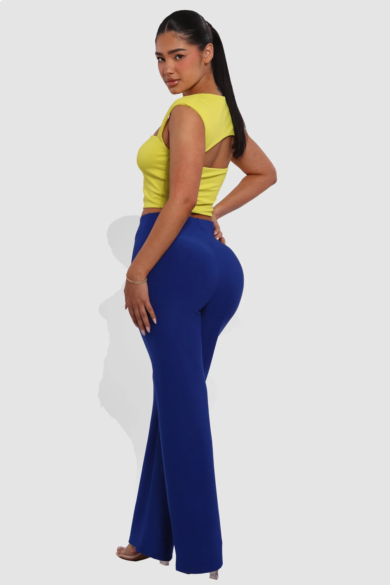 High Waist Straight Leg Pants With O-Ring Buckle Waist Detail - Surf The Web Blue