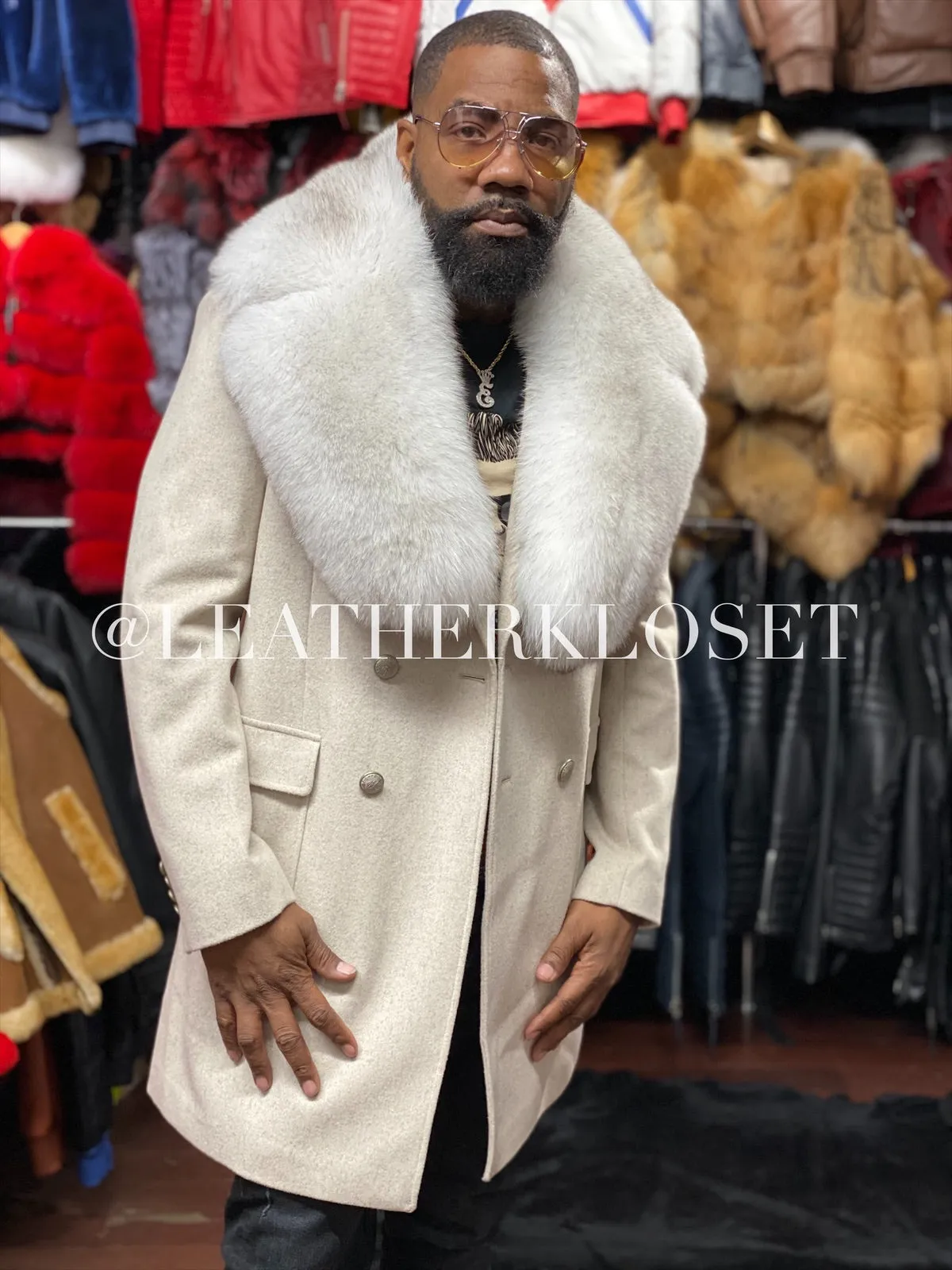 Men's Cashmere Trench Coat With Fox Collar [Cream]