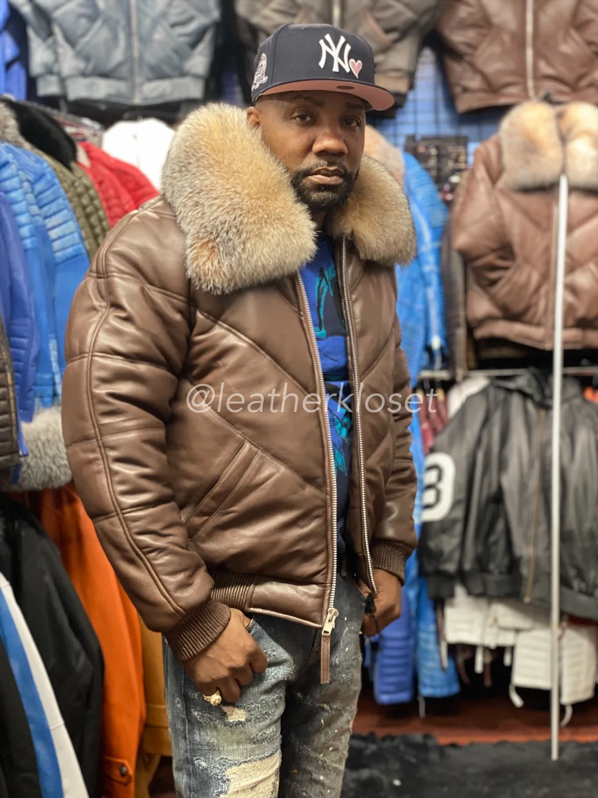 Men's V-Bomber Premium Fox Collar [Brown]