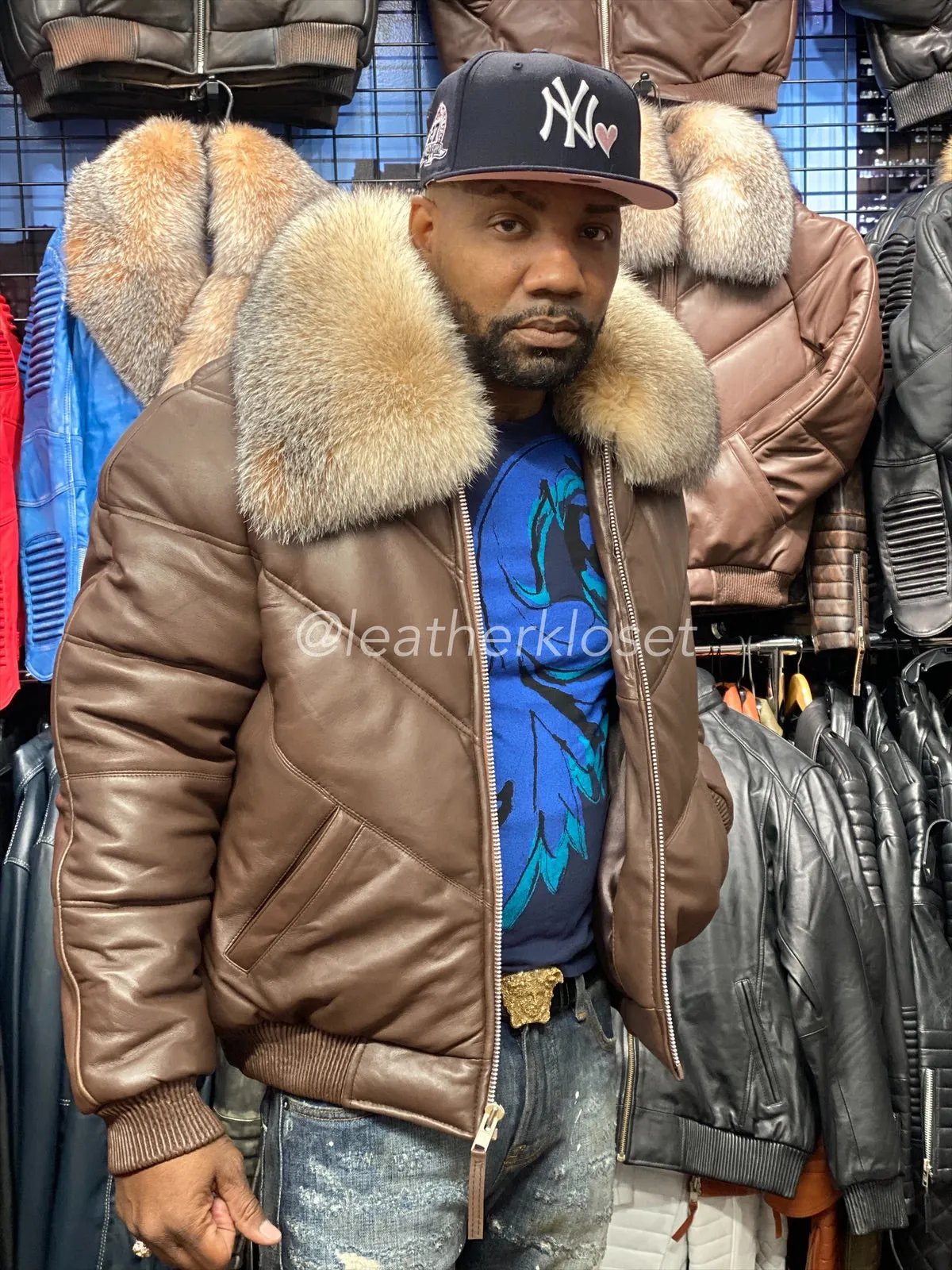 Men's V-Bomber Premium Fox Collar [Brown]