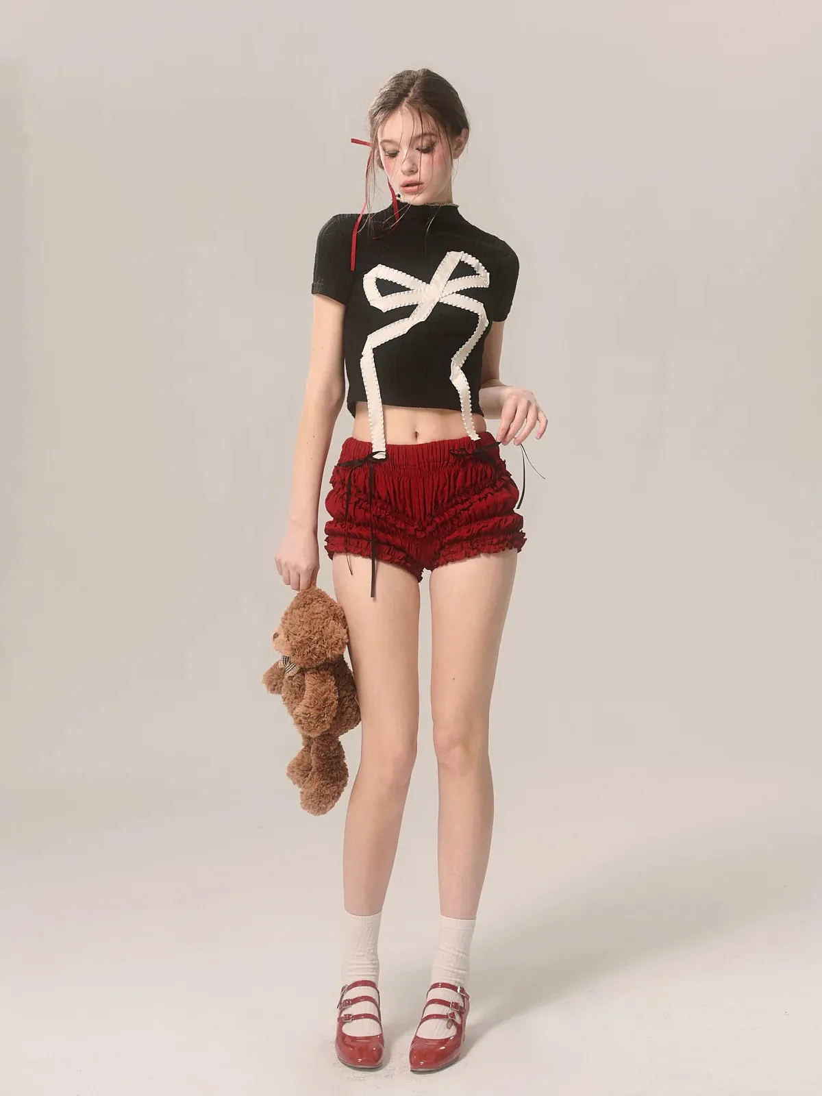 Neck Sweet Big Short American T-Shirt High Ribbon